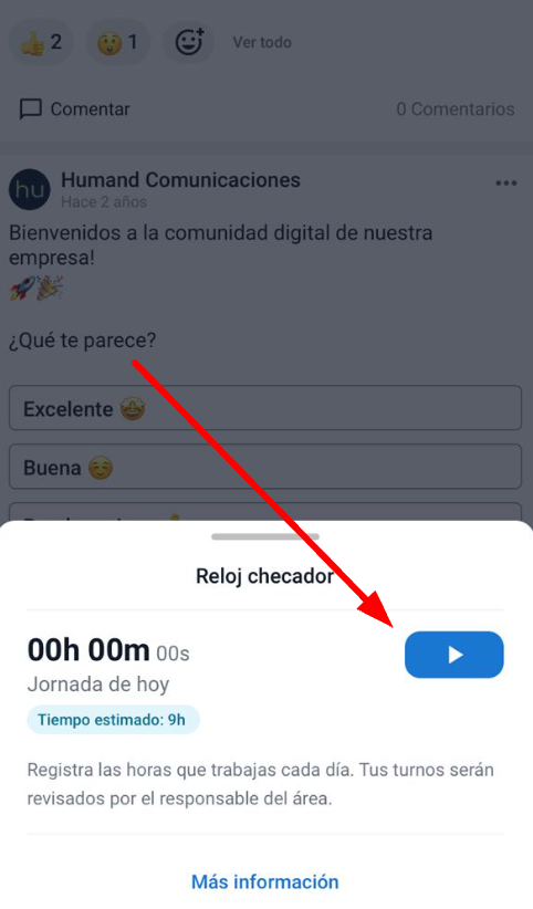 Vista del reloj iniciado en Humand App