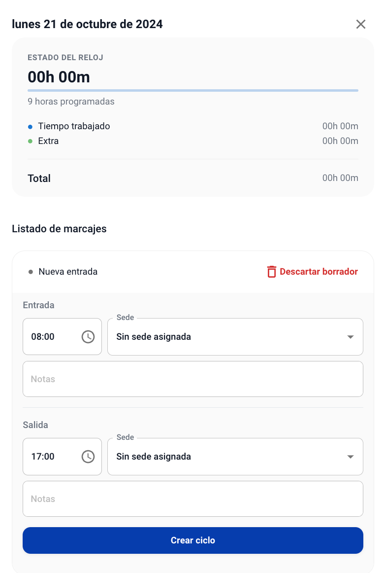 Formulario para crear un nuevo registro horario