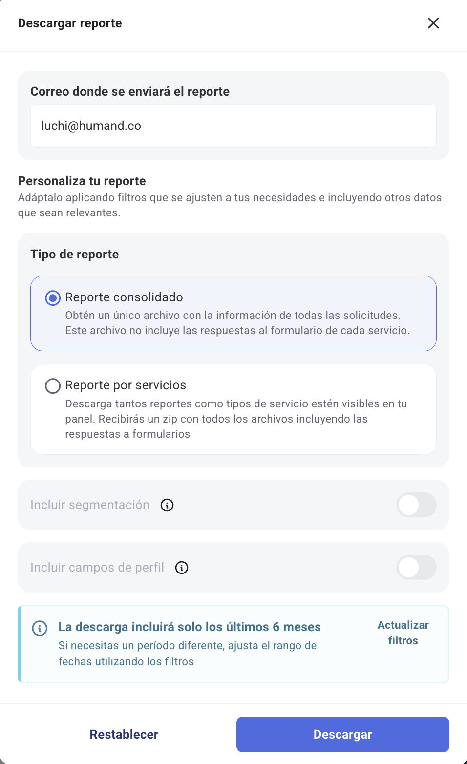 Botón Descargar reporte en el panel