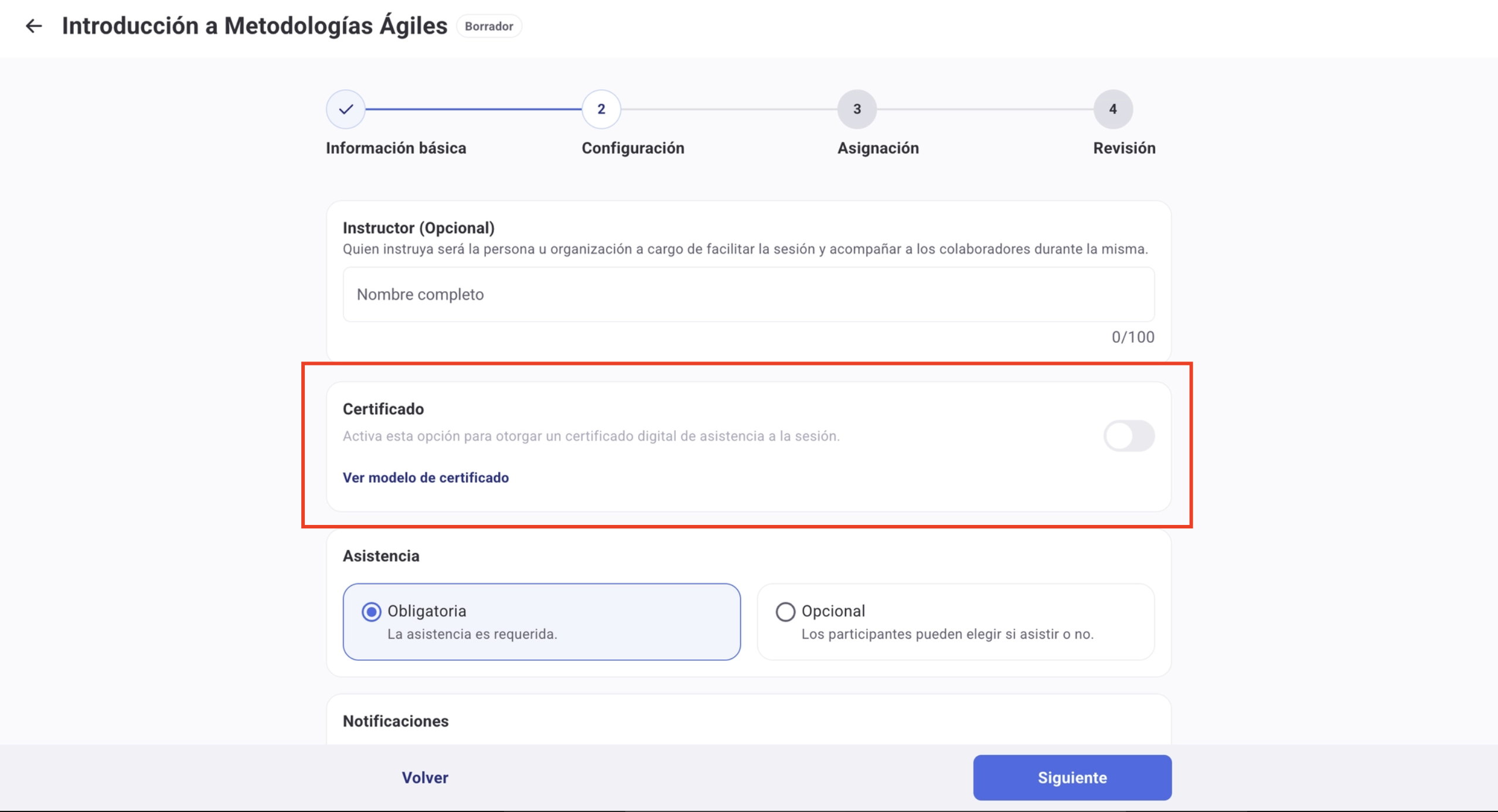 Pantalla de configuraciones