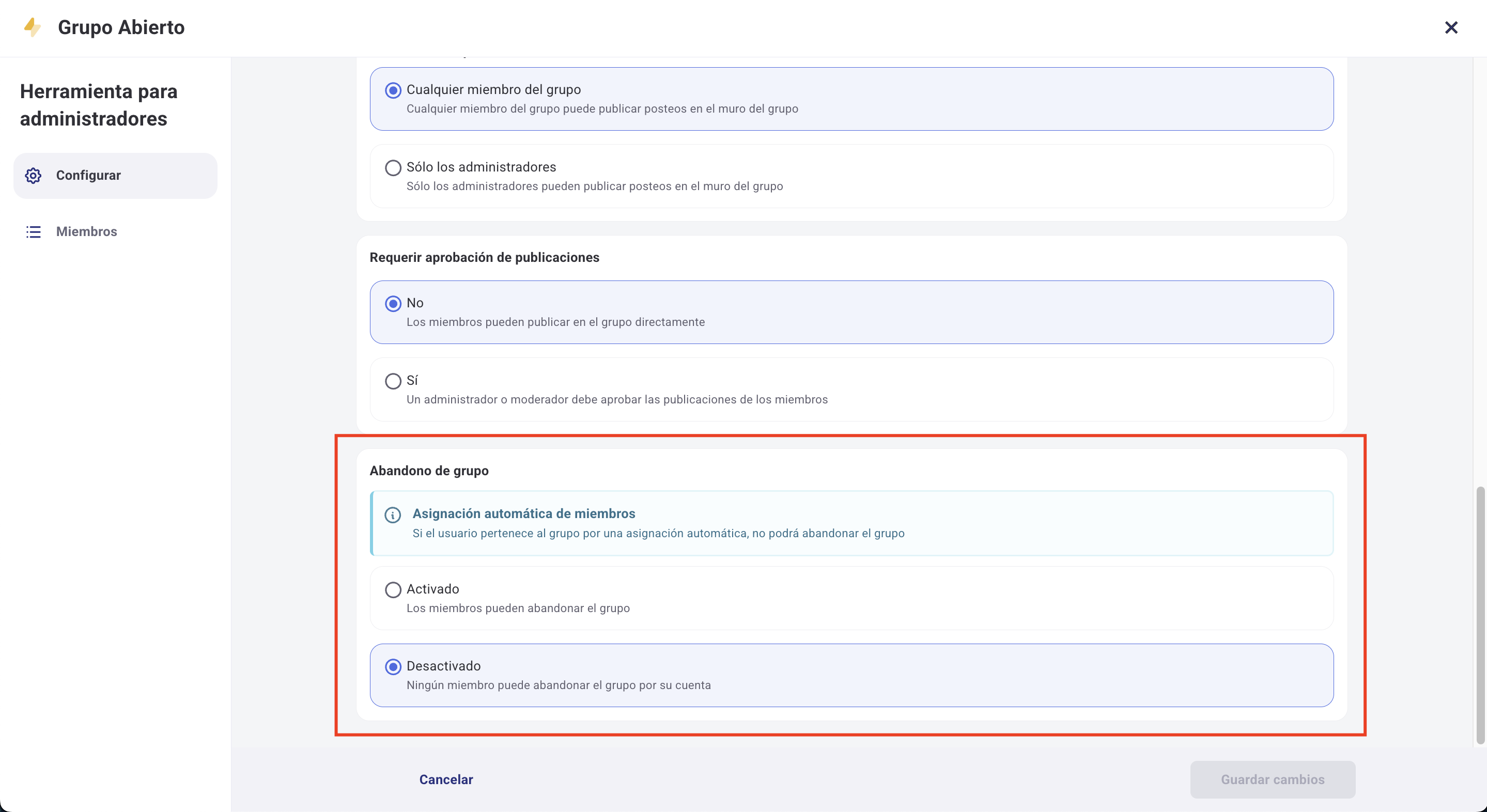 Pantalla configuraciones