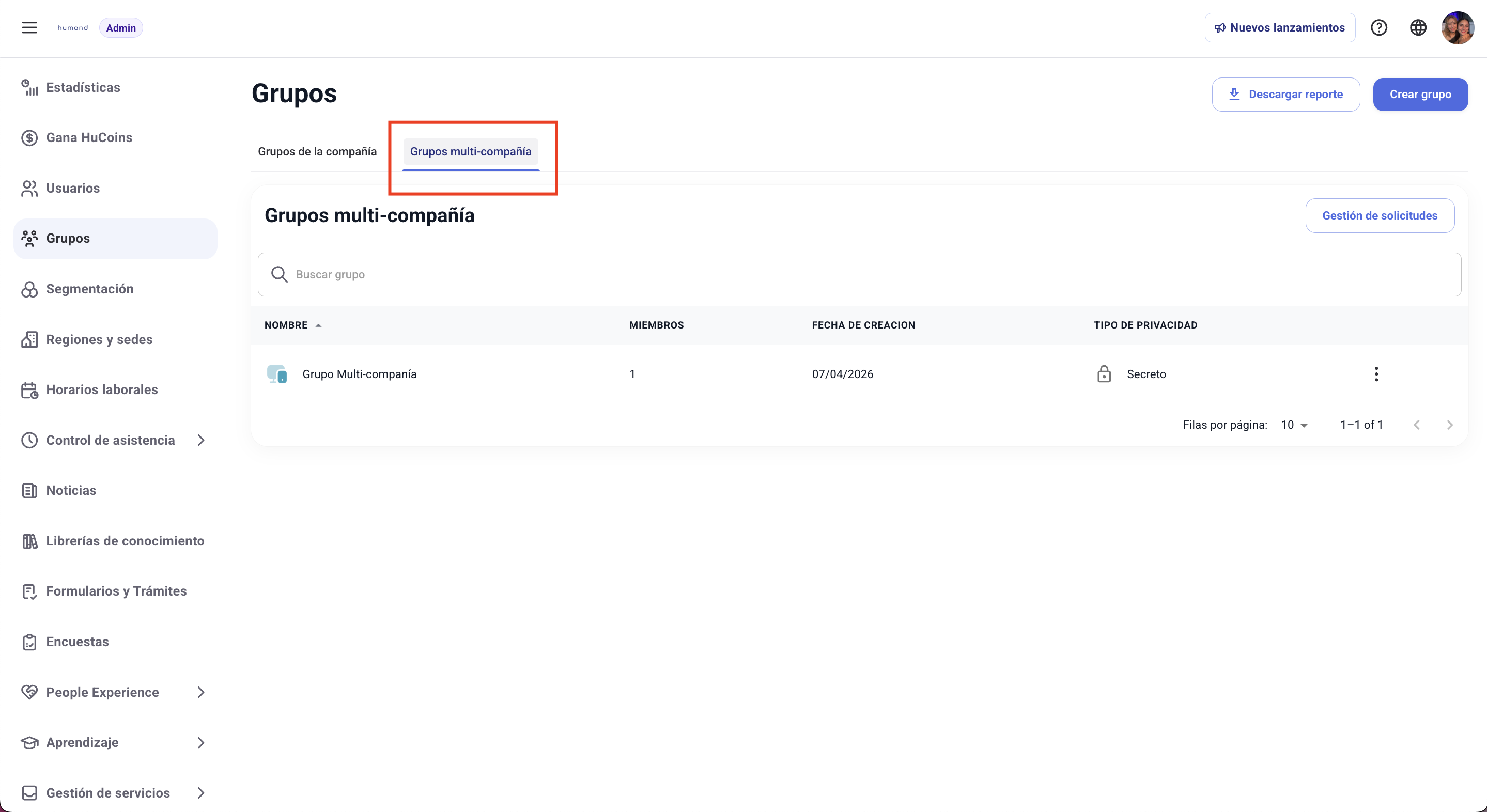 Pantalla de configuraciones