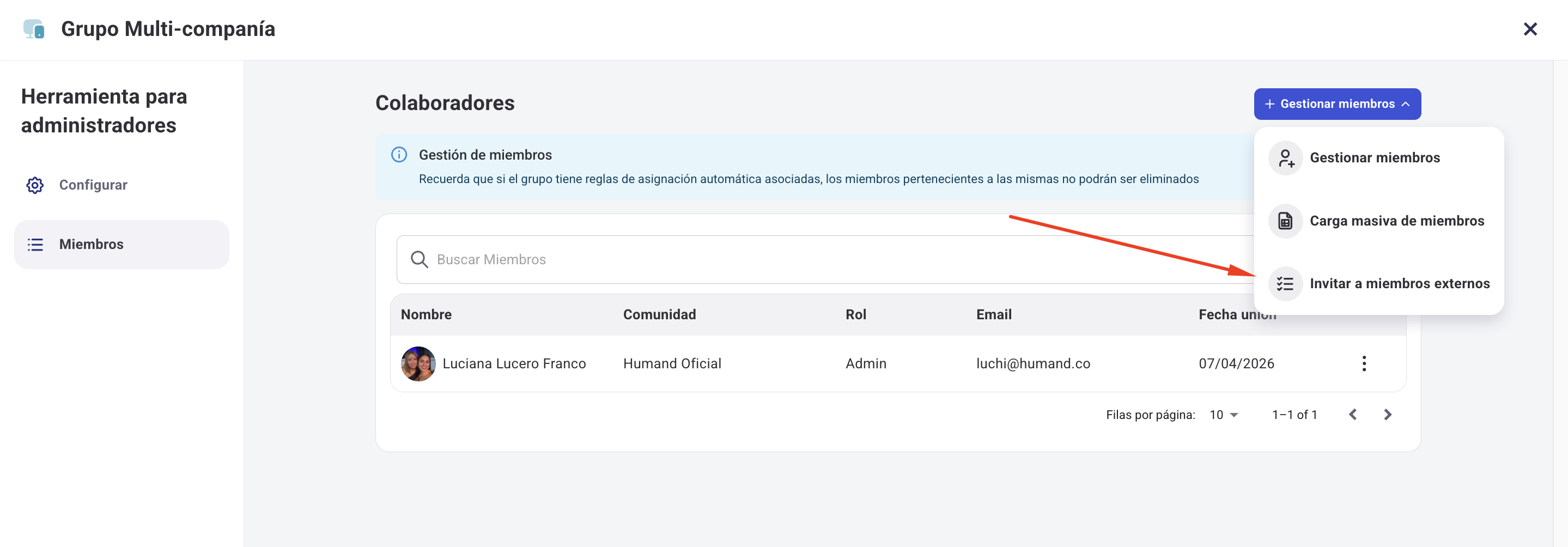 Pantalla de configuraciones