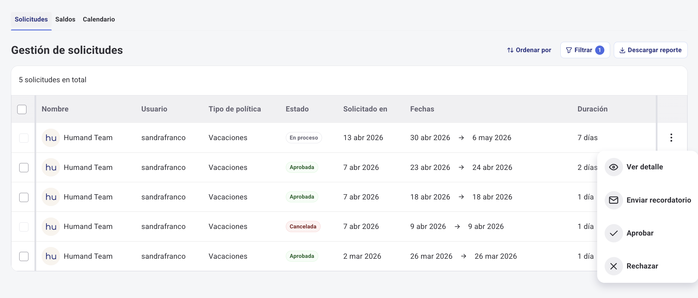 Botones Aprobar y Rechazar en el detalle de la solicitud