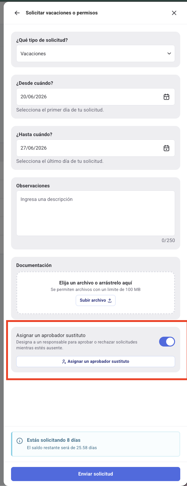 Opción Asignar aprobador sustituto
