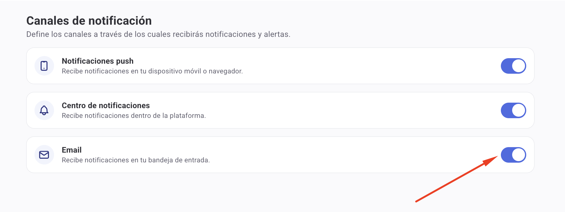Configuración de notificaciones en Humand App — toggle Feed activado
