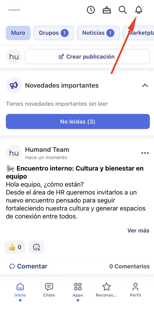 Configuración de notificaciones en Humand Web — toggle Feed activado