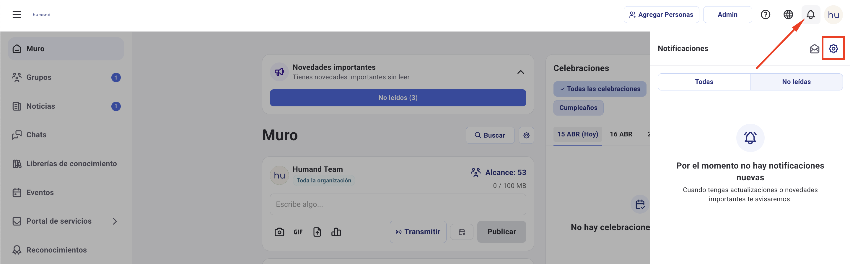 Configuración de notificaciones en Humand App — toggle Feed activado