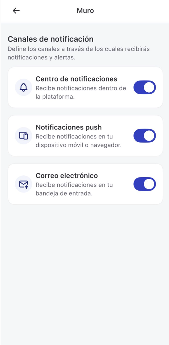 Configuración de notificaciones en Humand Web — toggle Feed activado
