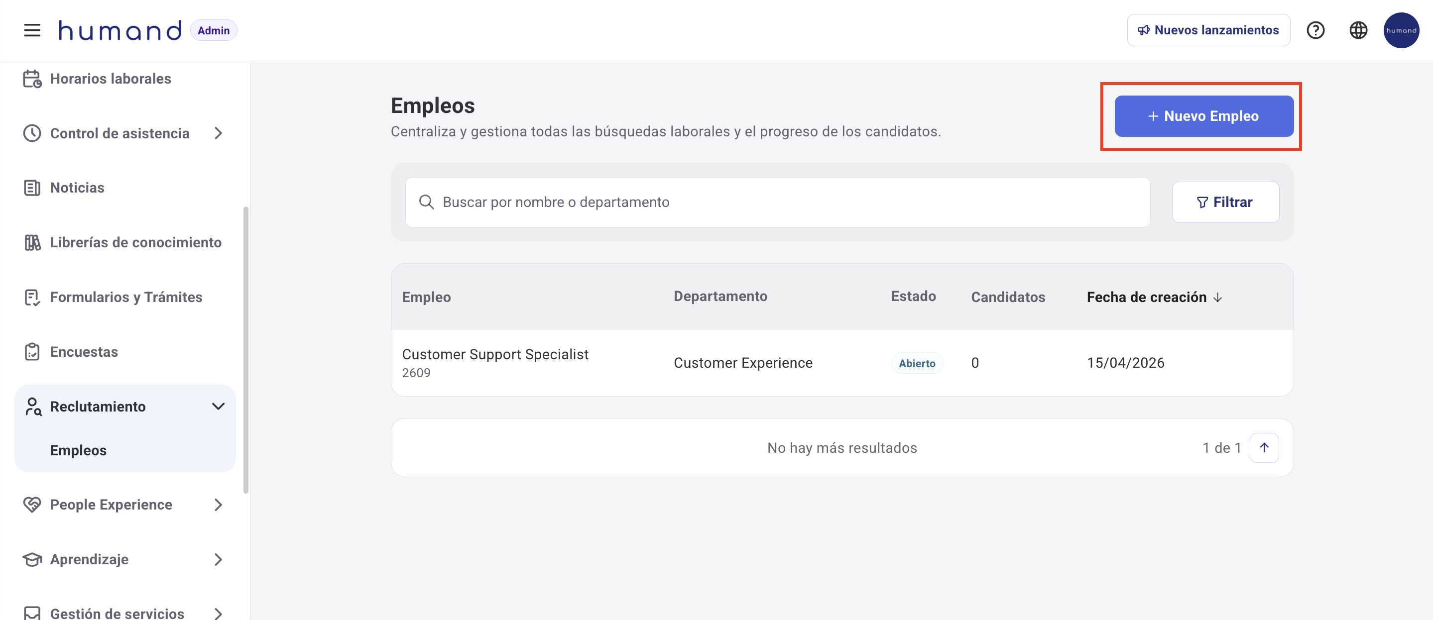 Pantalla de Configuración general al crear un empleo