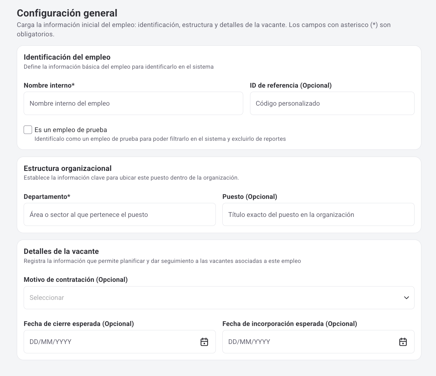 Pantalla de Configuración general al crear un empleo