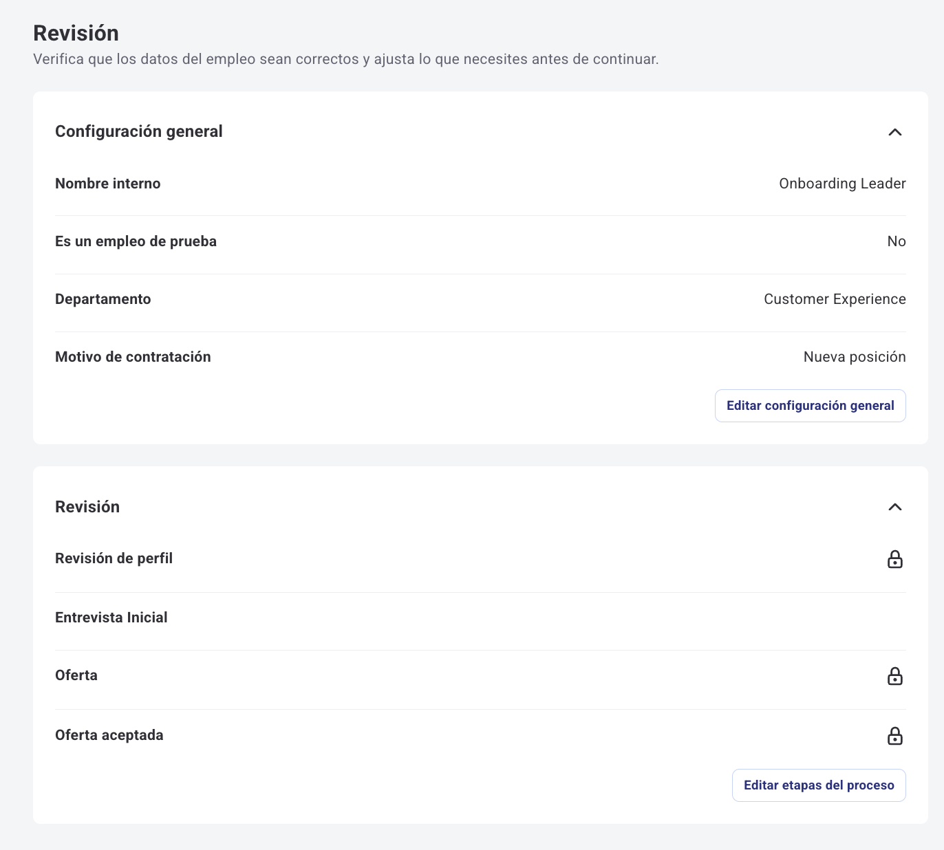 Pantalla de Revisión con resumen del empleo antes de confirmar