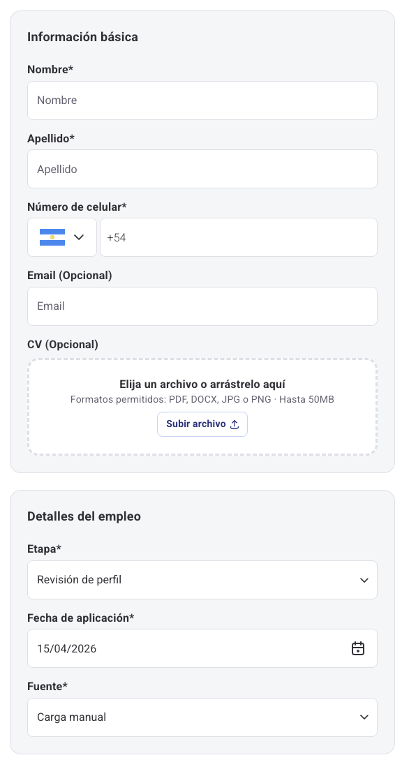 Panel lateral para agregar un candidato a un empleo