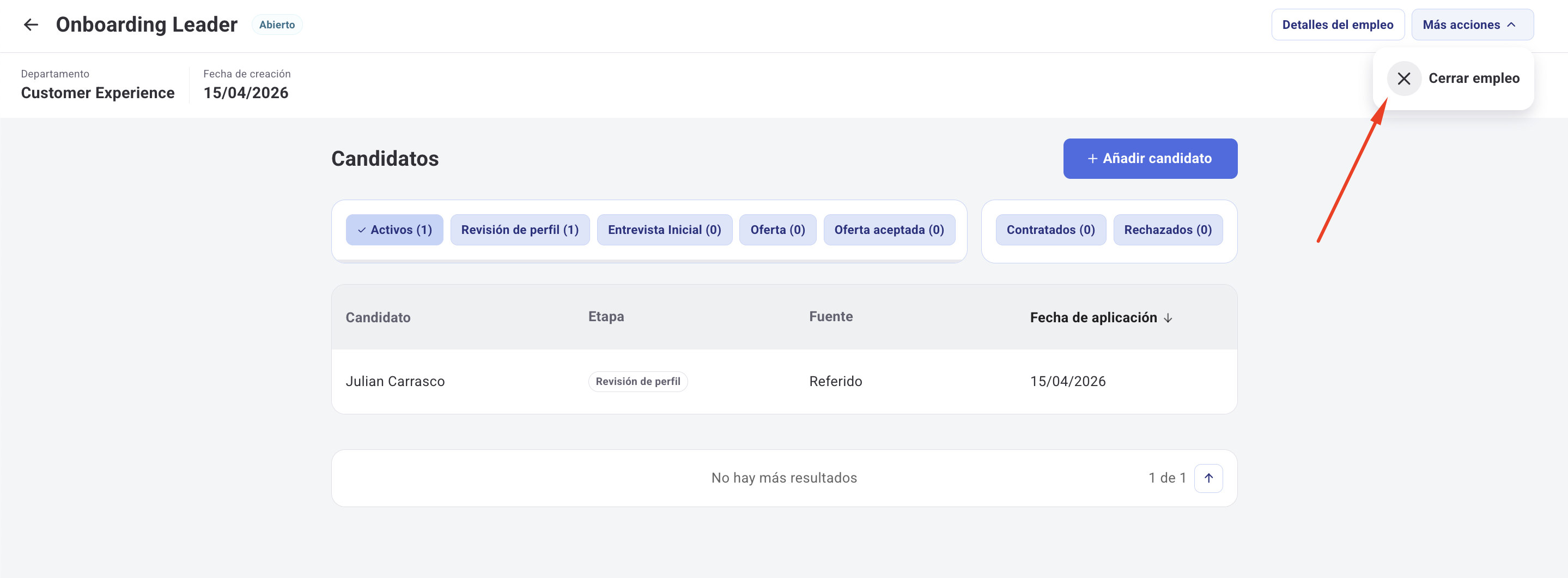 Menú de más acciones con la opción Cerrar seleccionada