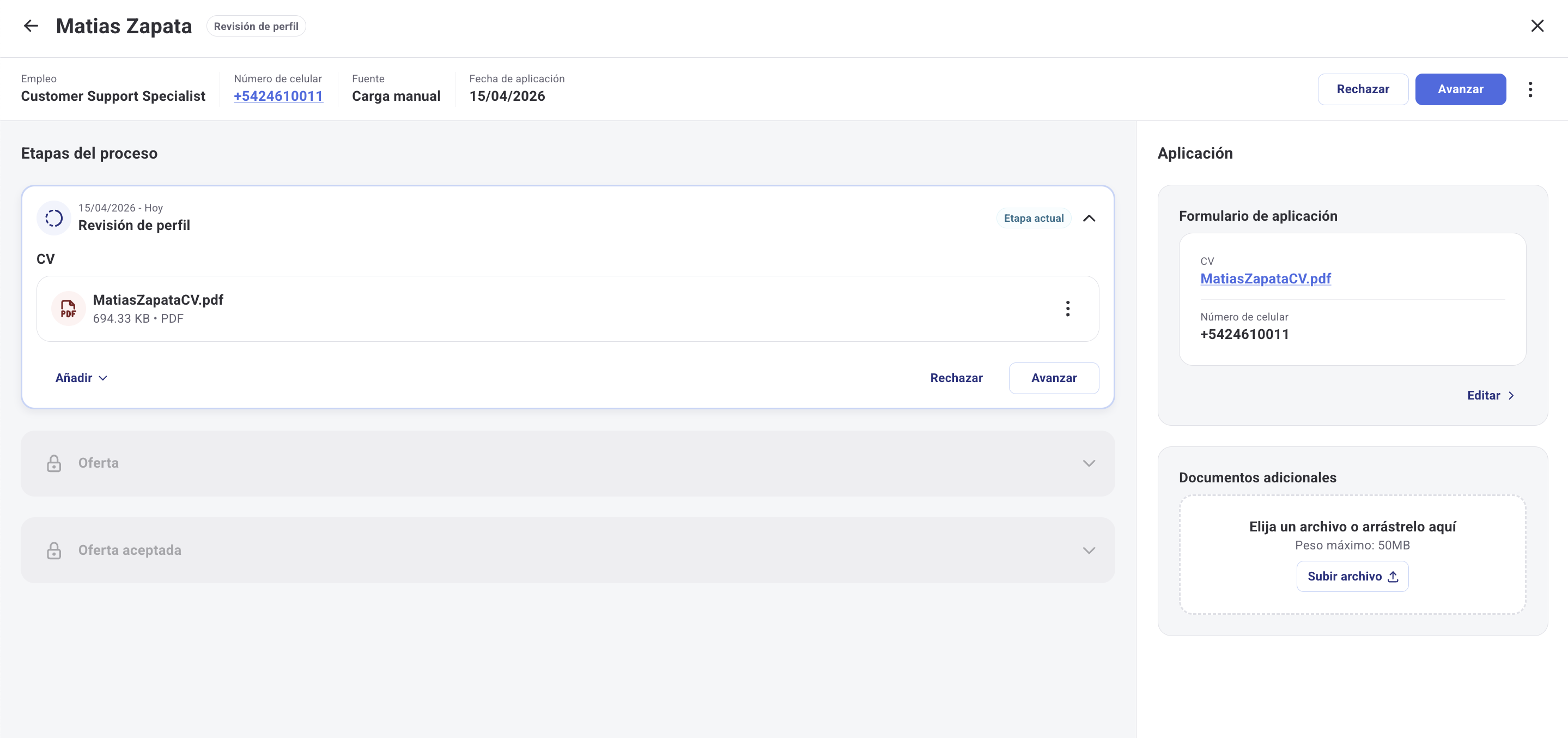 Vista de detalle de un candidato activo con etapas del proceso