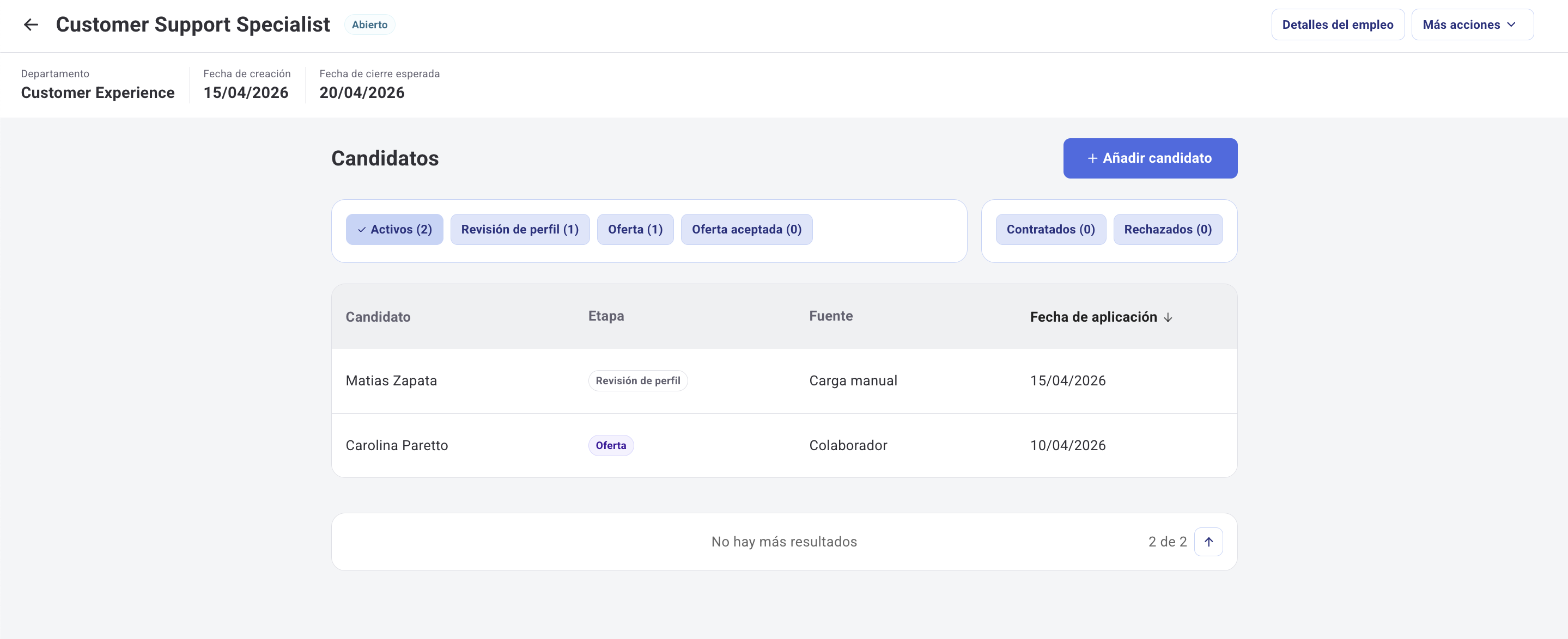 Vista de un empleo con tabla de candidatos y chips de filtro por estado