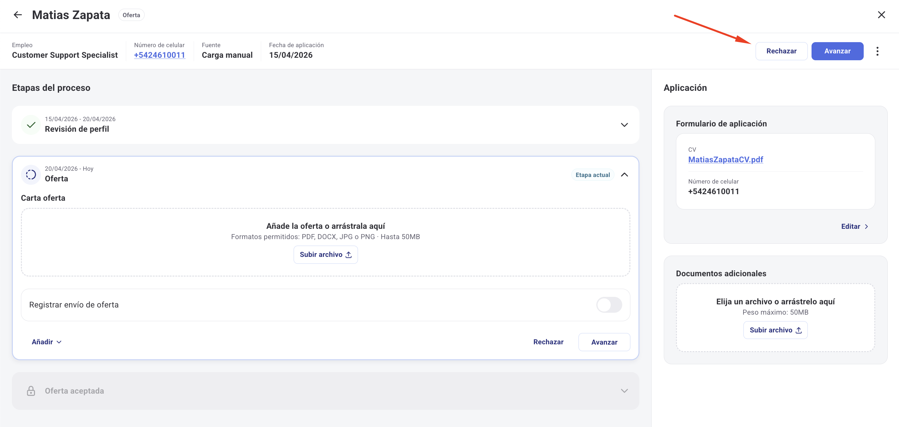 Modal para rechazar candidato con selector de motivo y fecha de rechazo