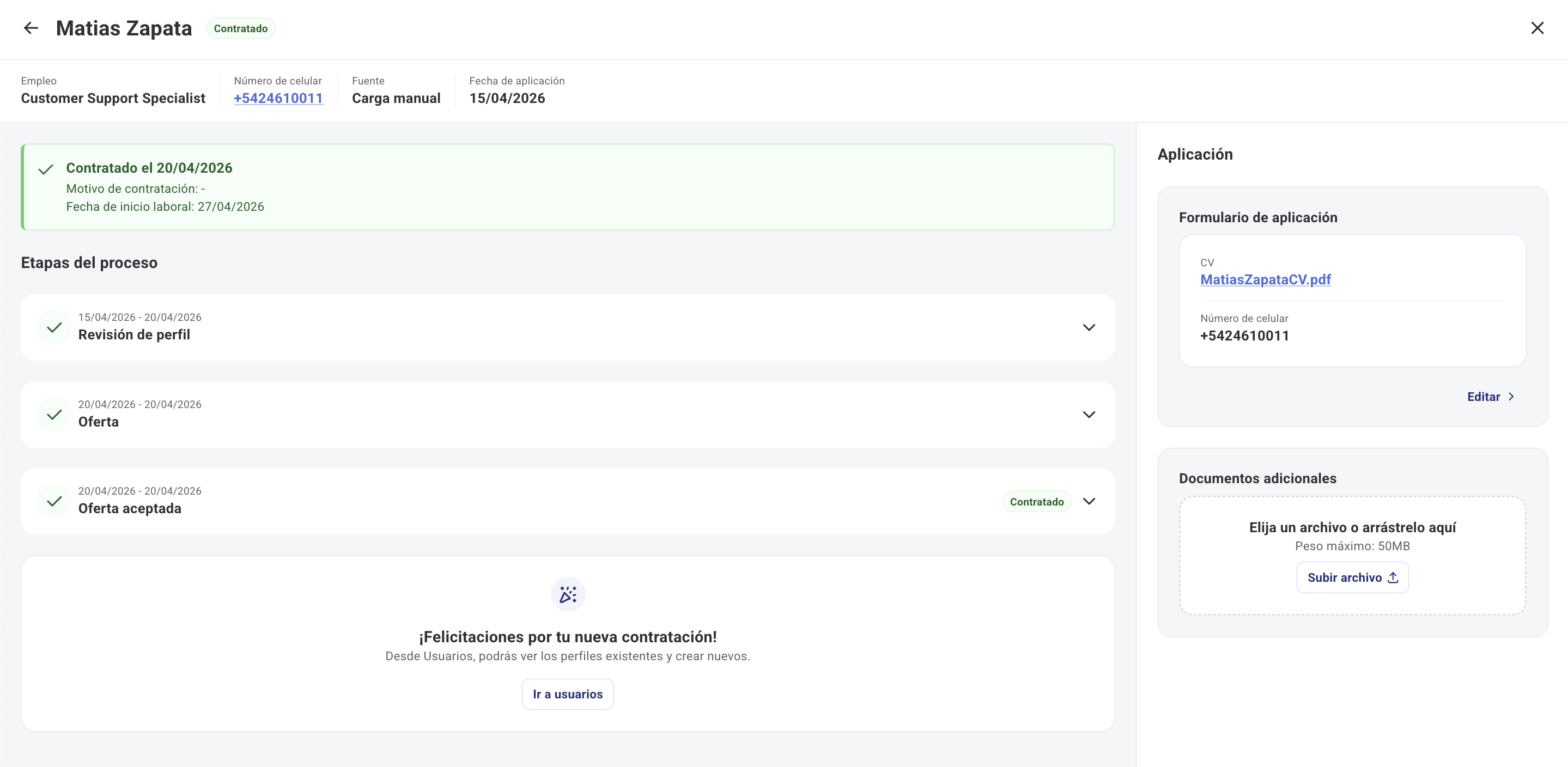 Vista de candidato contratado con datos de contratación