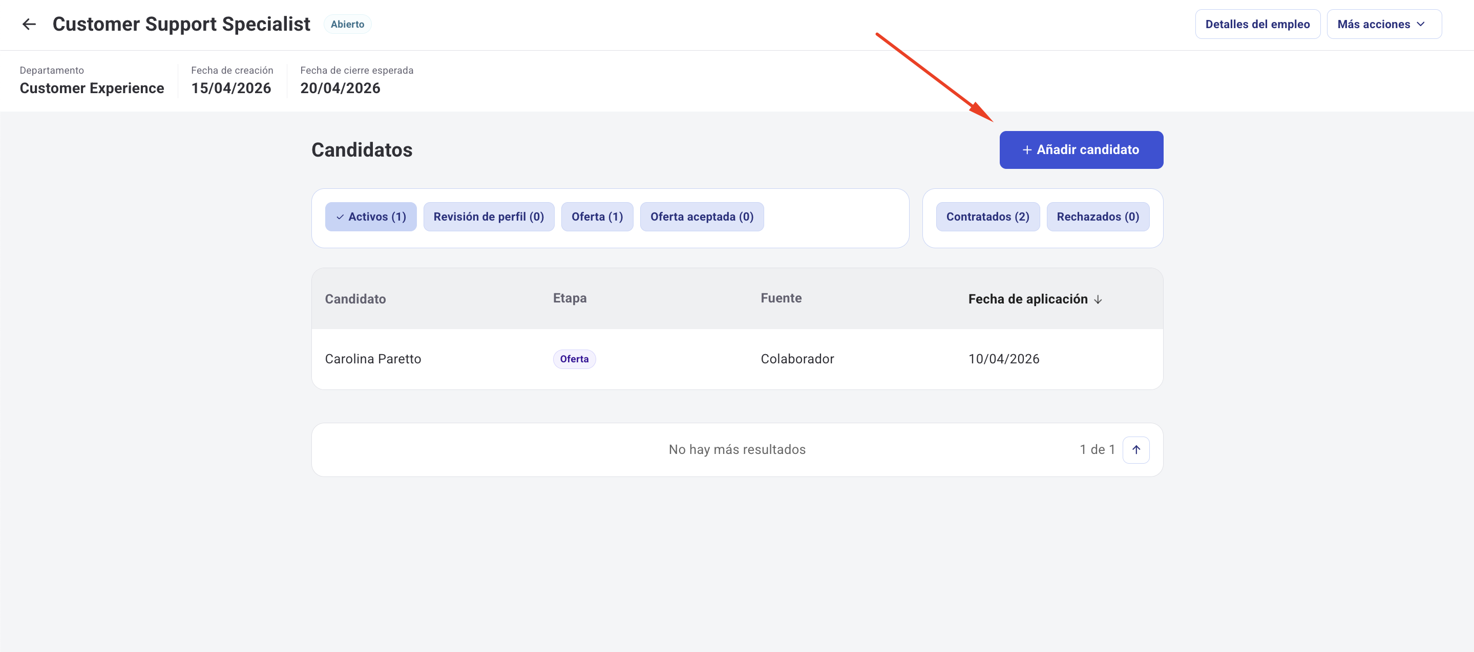 Panel lateral para agregar un candidato a un empleo