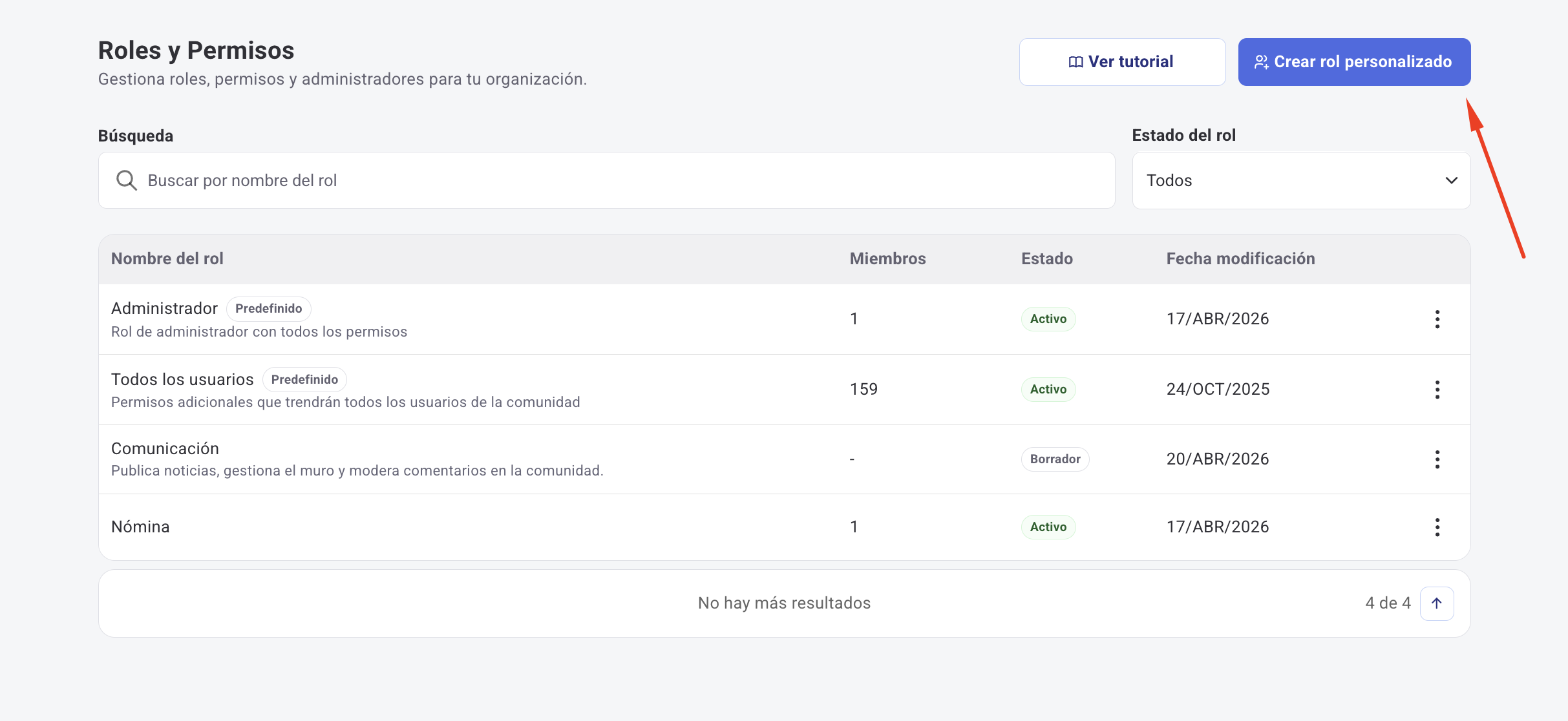 Botón Crear rol personalizado en la pantalla de Roles y Permisos
