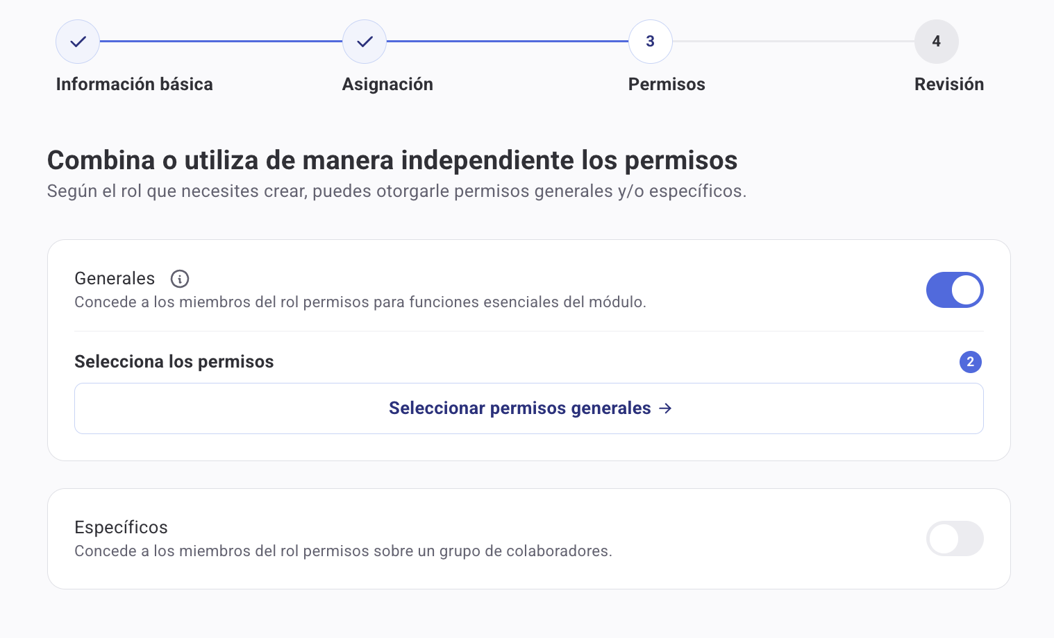 Paso 3 — Selección de permisos agrupados por módulo