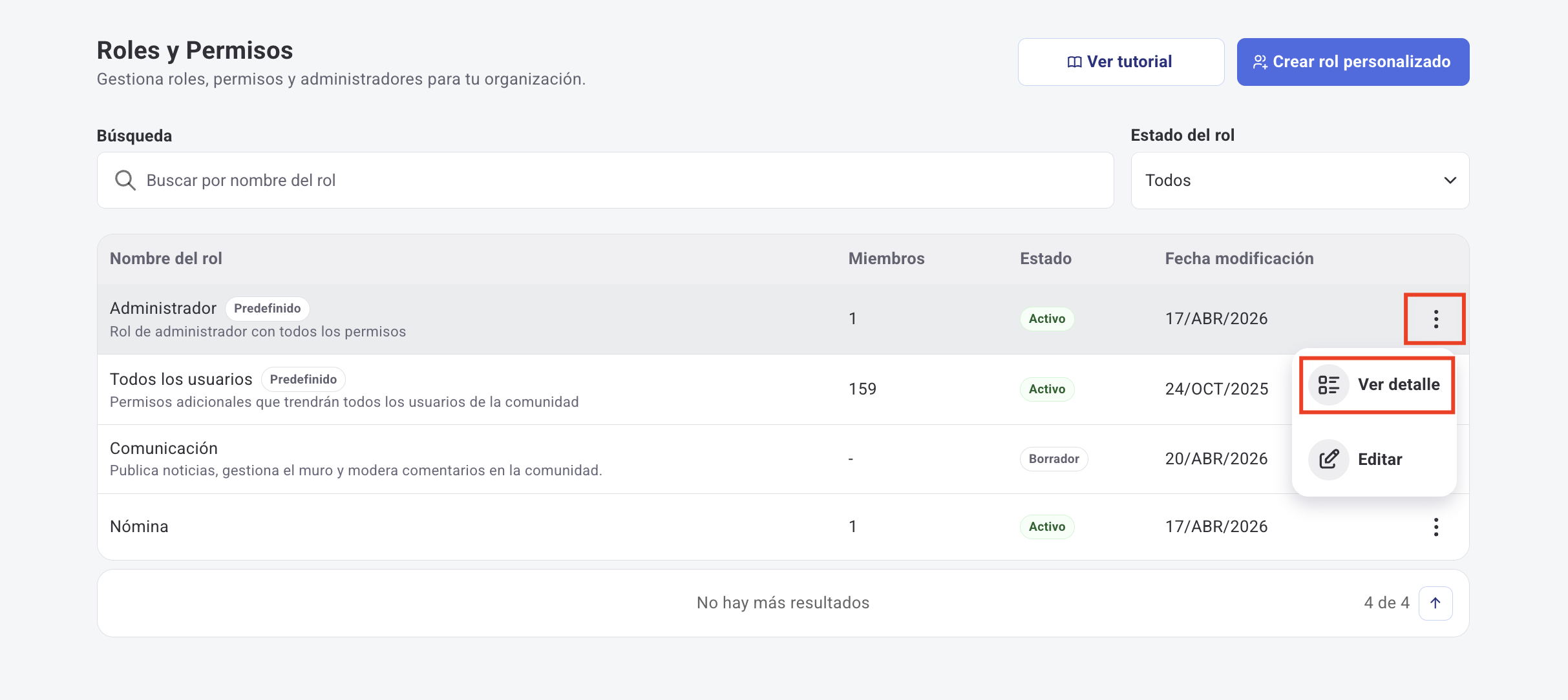 Pantalla de edición de rol con pestañas Información básica, Asignación y Permisos