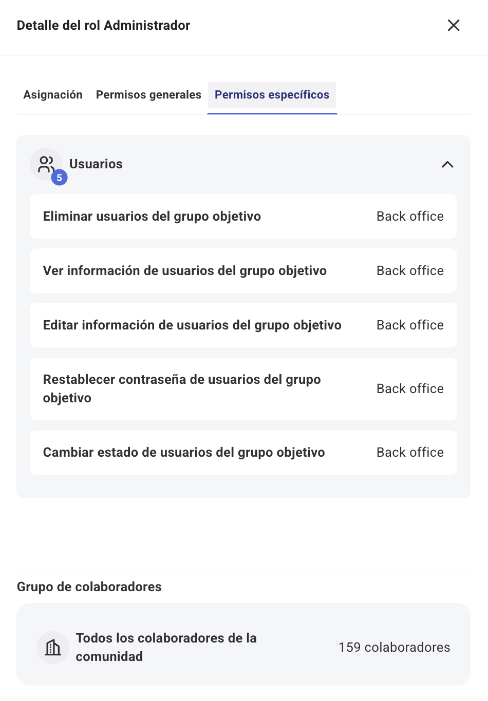 Panel lateral de detalle de un rol con pestañas Asignación y Permisos generales