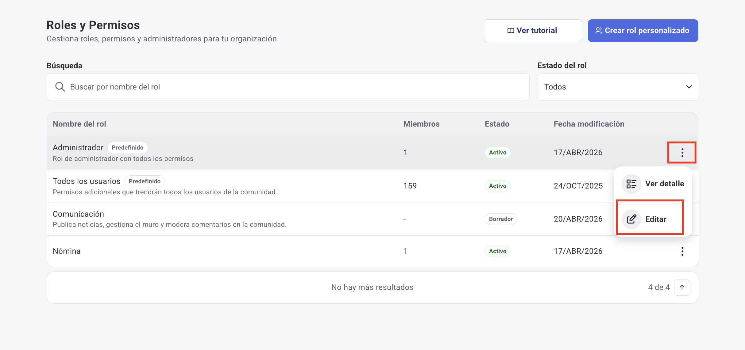 Pantalla de edición de rol con pestañas Información básica, Asignación y Permisos