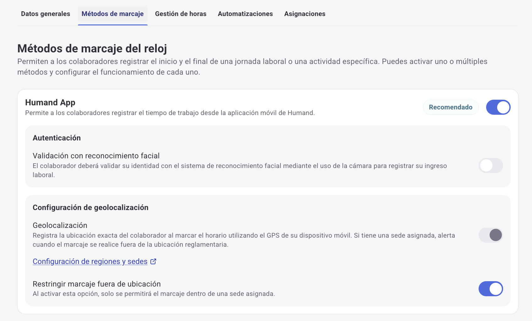 Toggles de Geolocalización y Restringir marcaje fuera de ubicación en la Time Policy