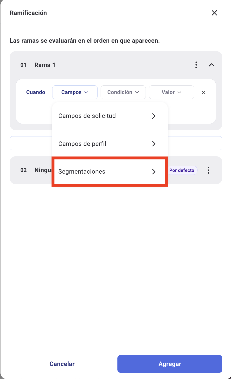 Editor de workflows con condición por segmentación configurada