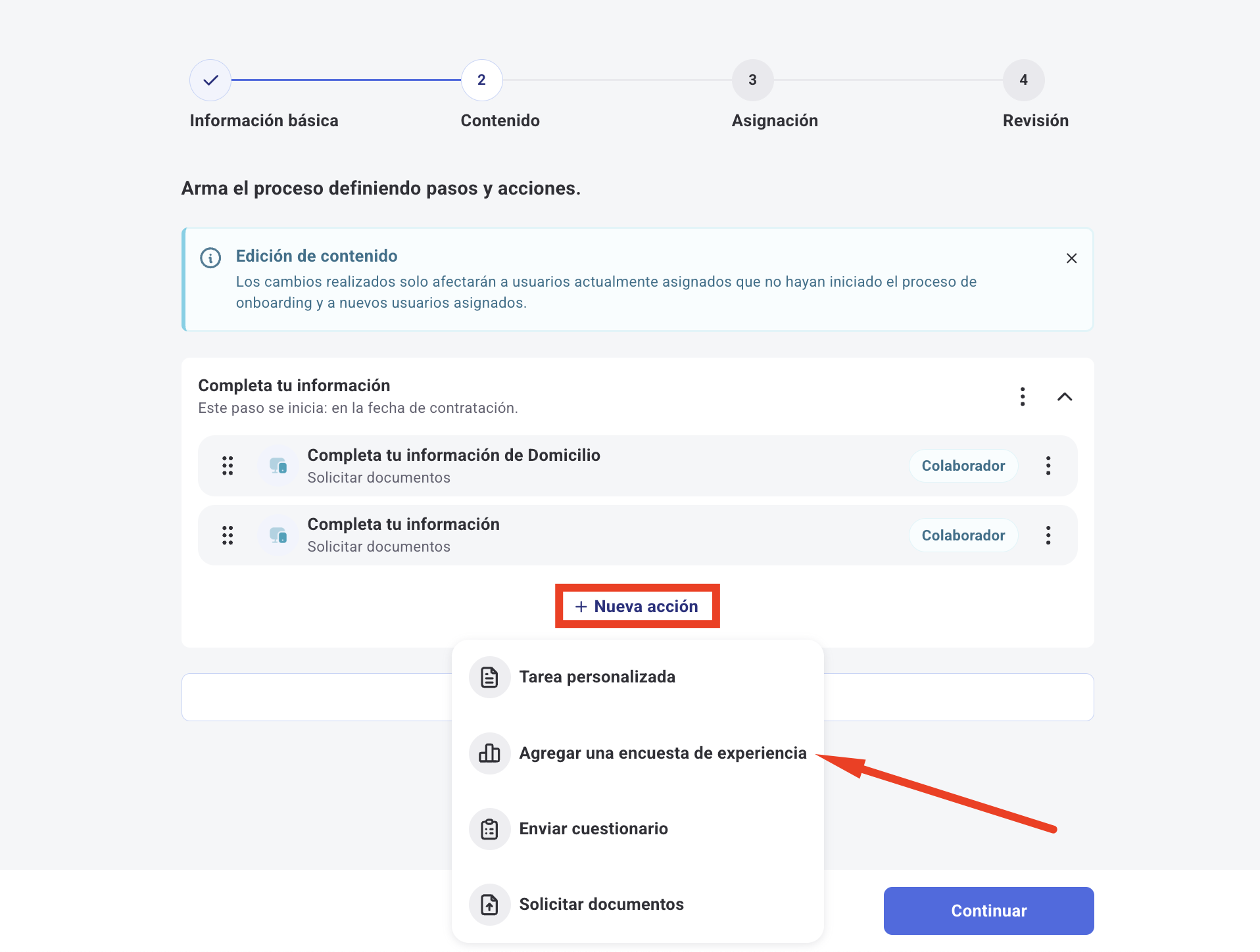 Configuración de paso de encuesta en un flujo de onboarding
