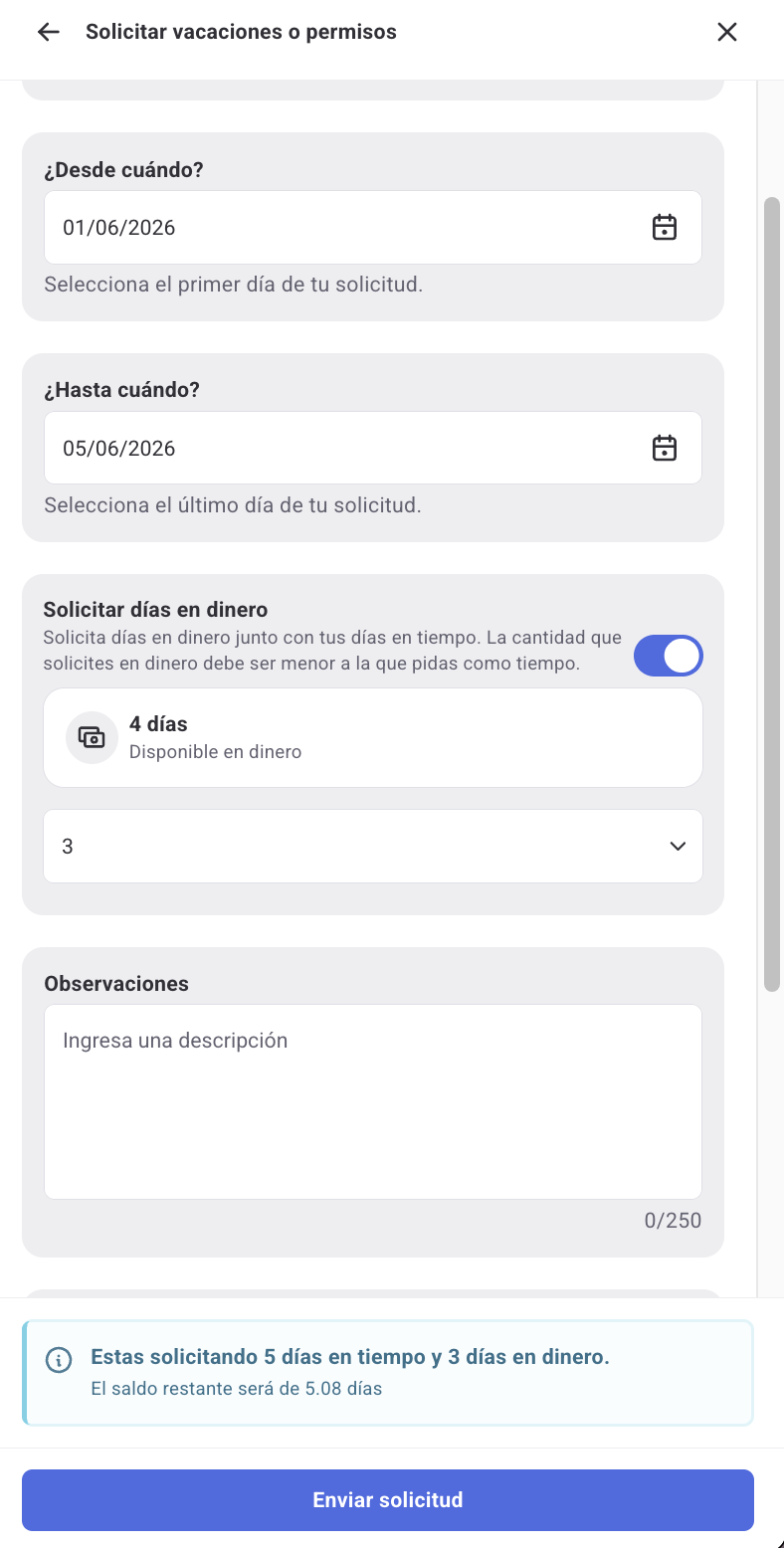 Formulario de solicitud de vacaciones fraccionadas para Brasil