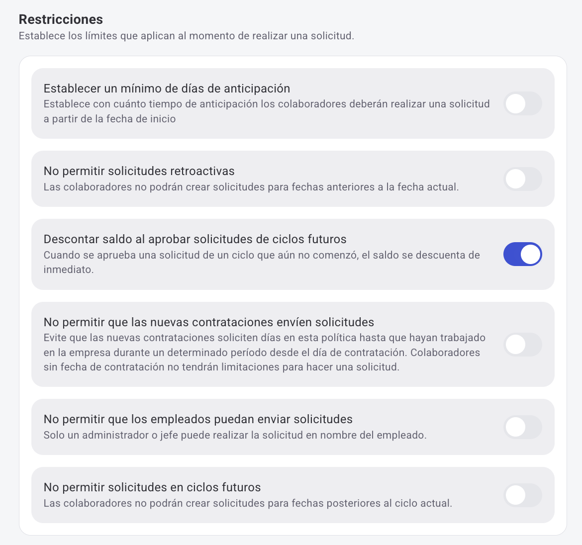 Opción de descuento inmediato dentro de la configuración de una política de Time Off