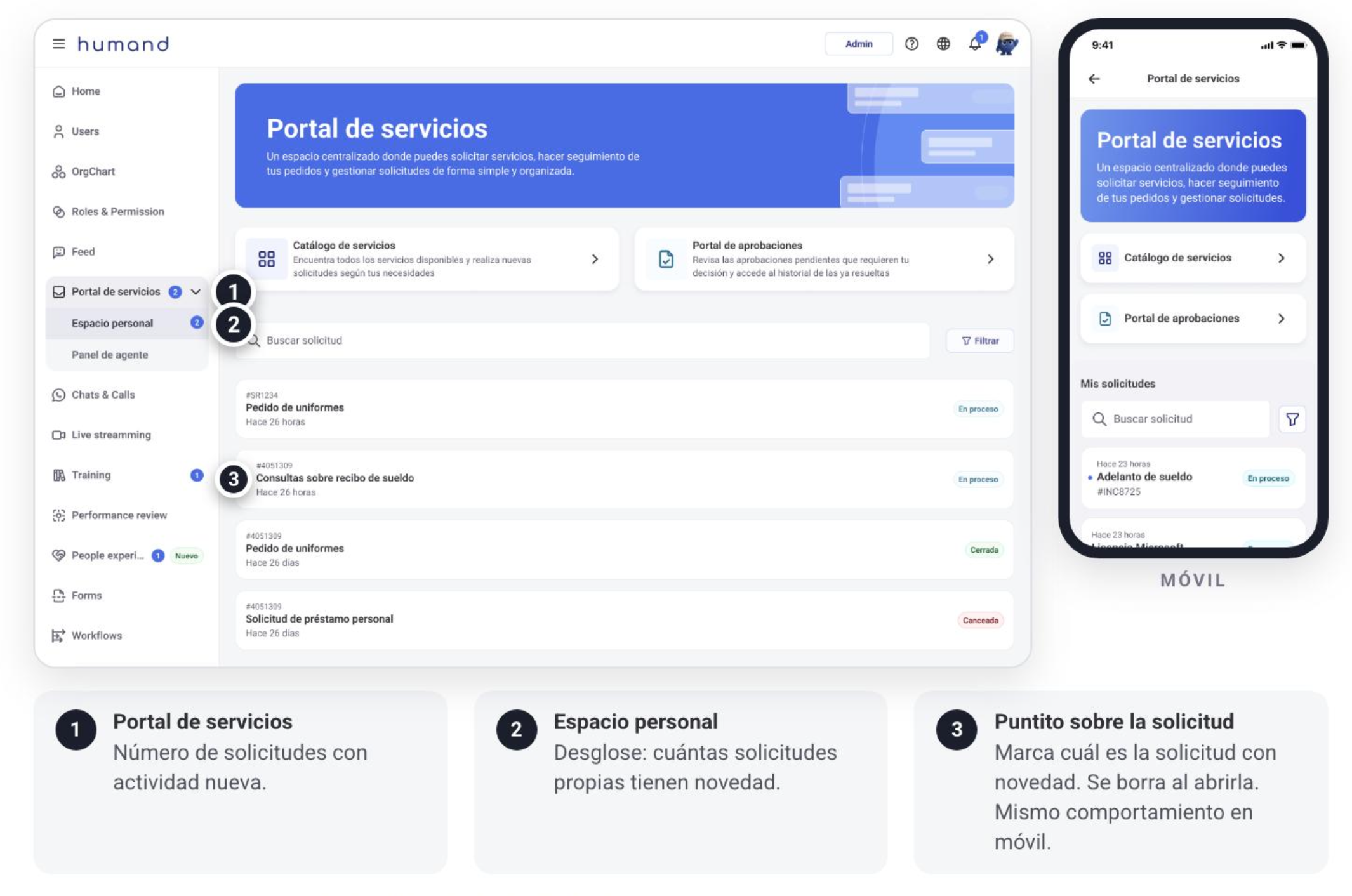 Portal de servicios del colaborador con bubble en Espacio personal y puntito sobre una solicitud con novedad