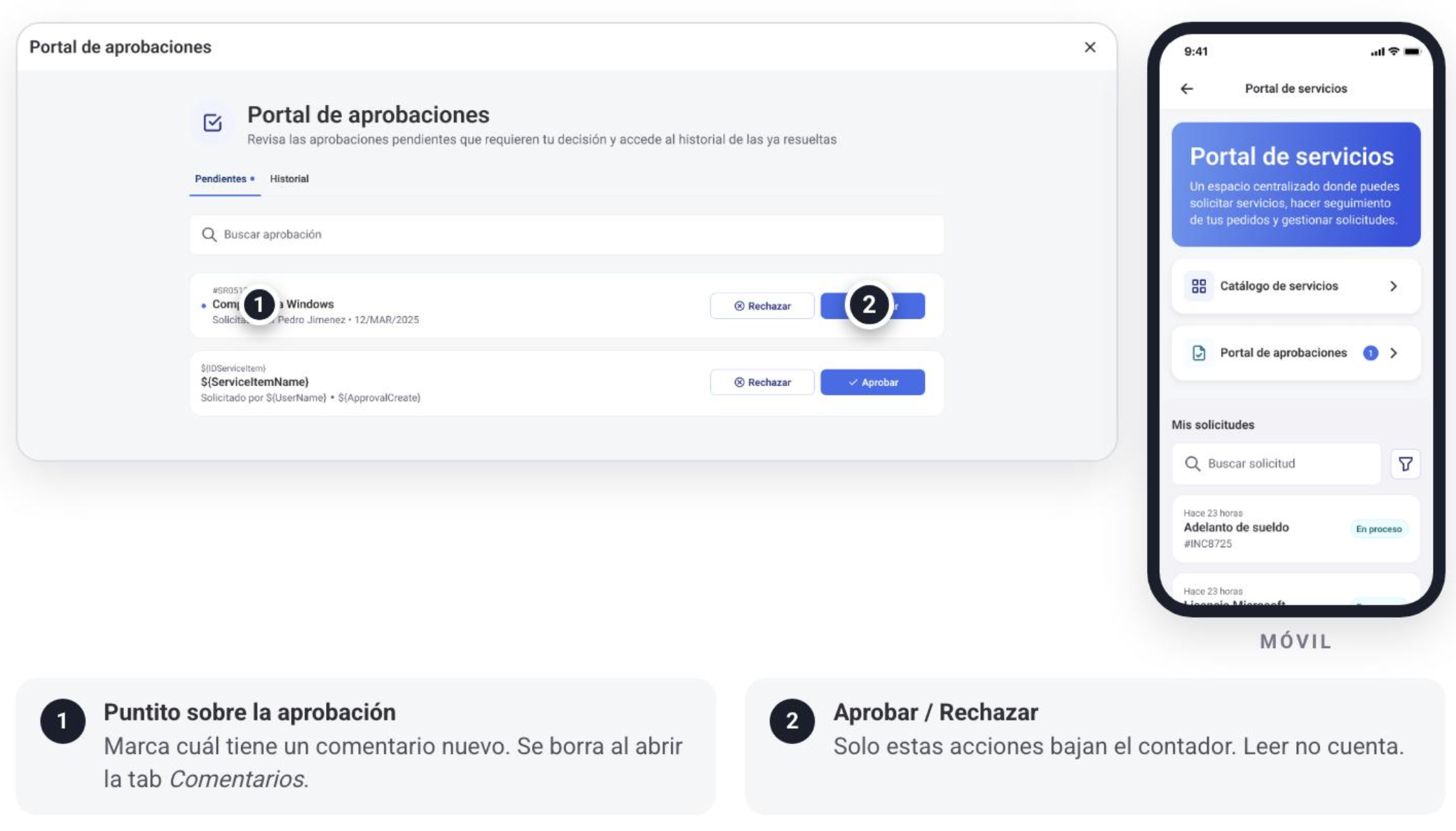 Portal de aprobaciones con contador de aprobaciones pendientes y puntito sobre una aprobación con comentario nuevo