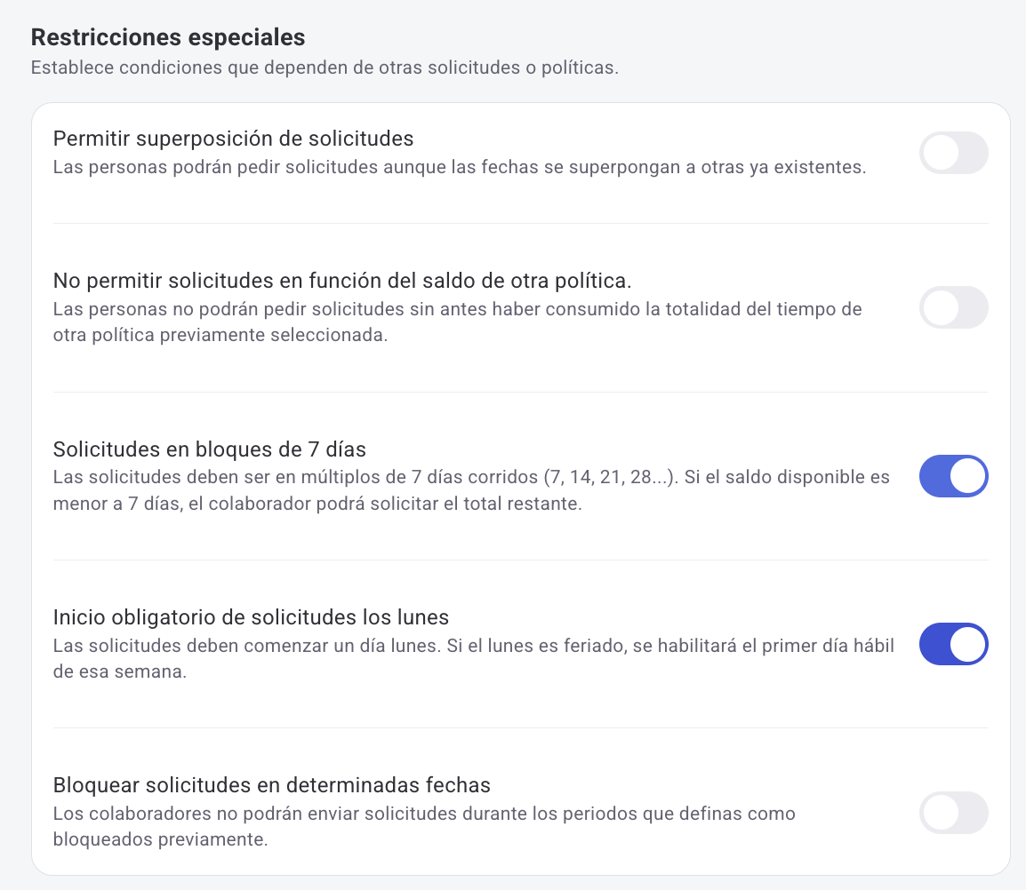 Restriction toggles in vacation policy settings
