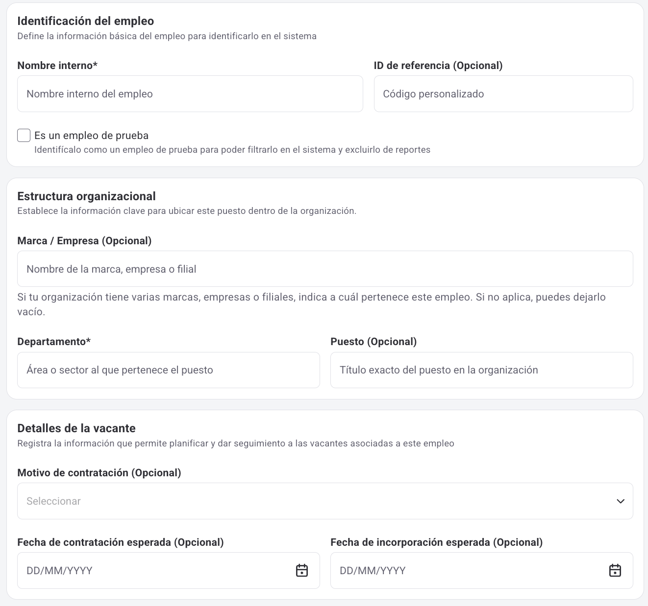 Pantalla de Configuración general al crear un empleo