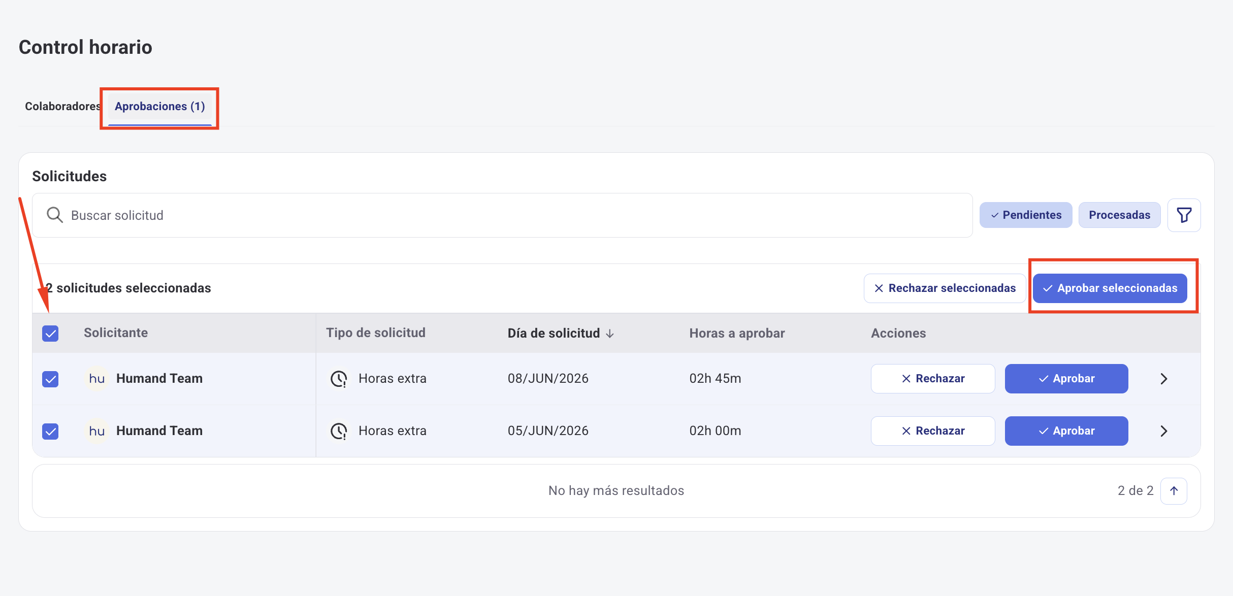 Listado de solicitudes con checkboxes en pestaña Aprobaciones