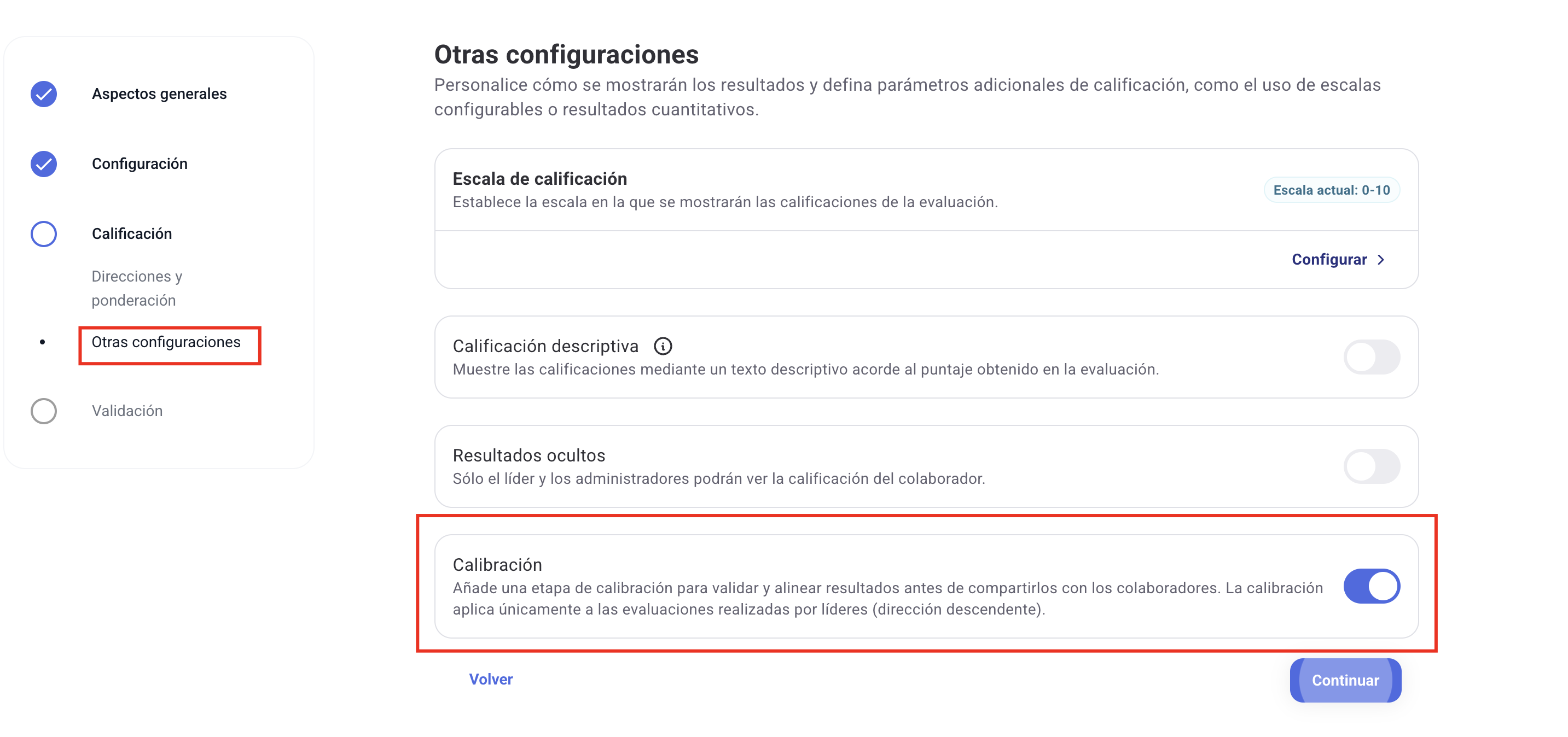 Opción para activar la fase de Calibración en la configuración de un ciclo de evaluación