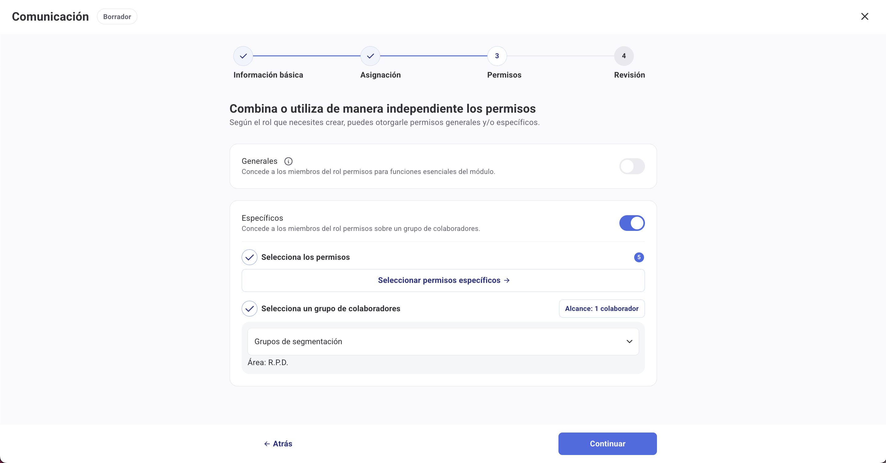 Configuração de alcance específico numa permissão dentro de um papel