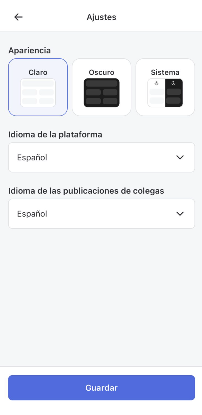 Seletor de modo de aparência na app móvel do Humand