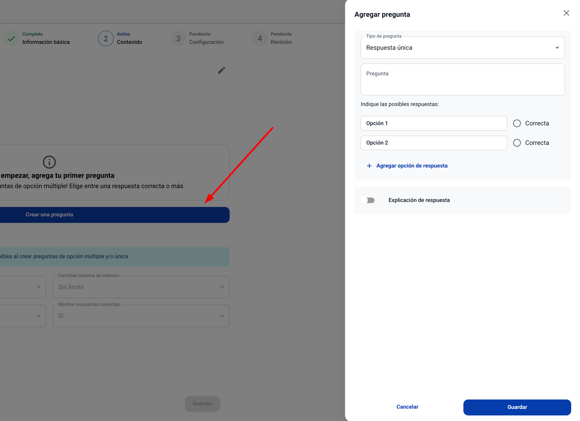 Editor de perguntas do questionário com tipos de resposta disponíveis