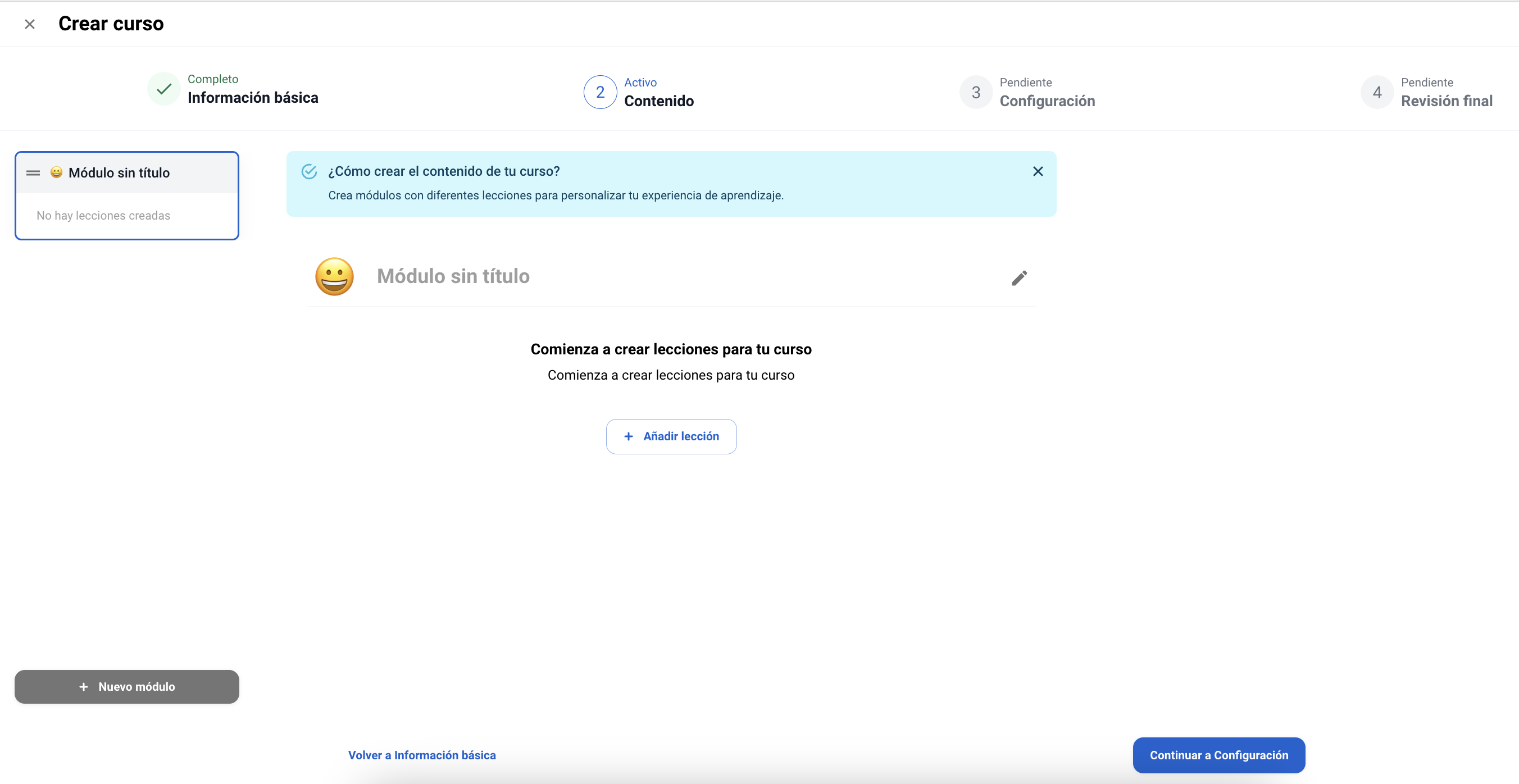 Course content section with + Add lesson button