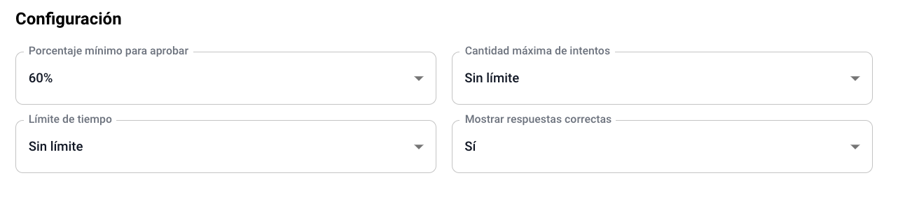 Quiz configuration: attempts, minimum grade, time limit, and feedback