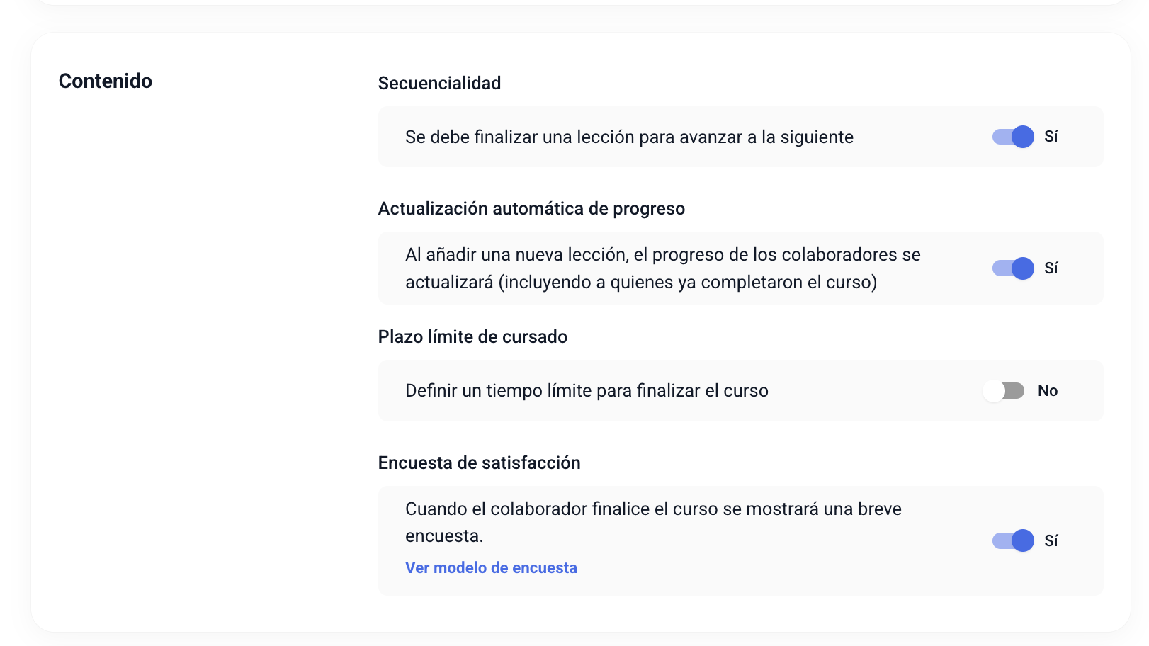 Course content options: sequencing, deadline, and satisfaction survey