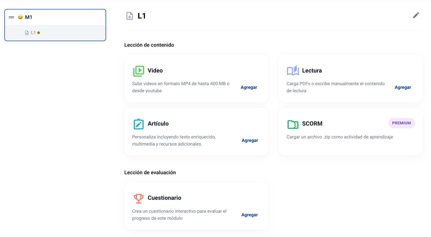 Os 5 tipos de lições: Vídeo, Leitura, Artigo, SCORM e Questionário