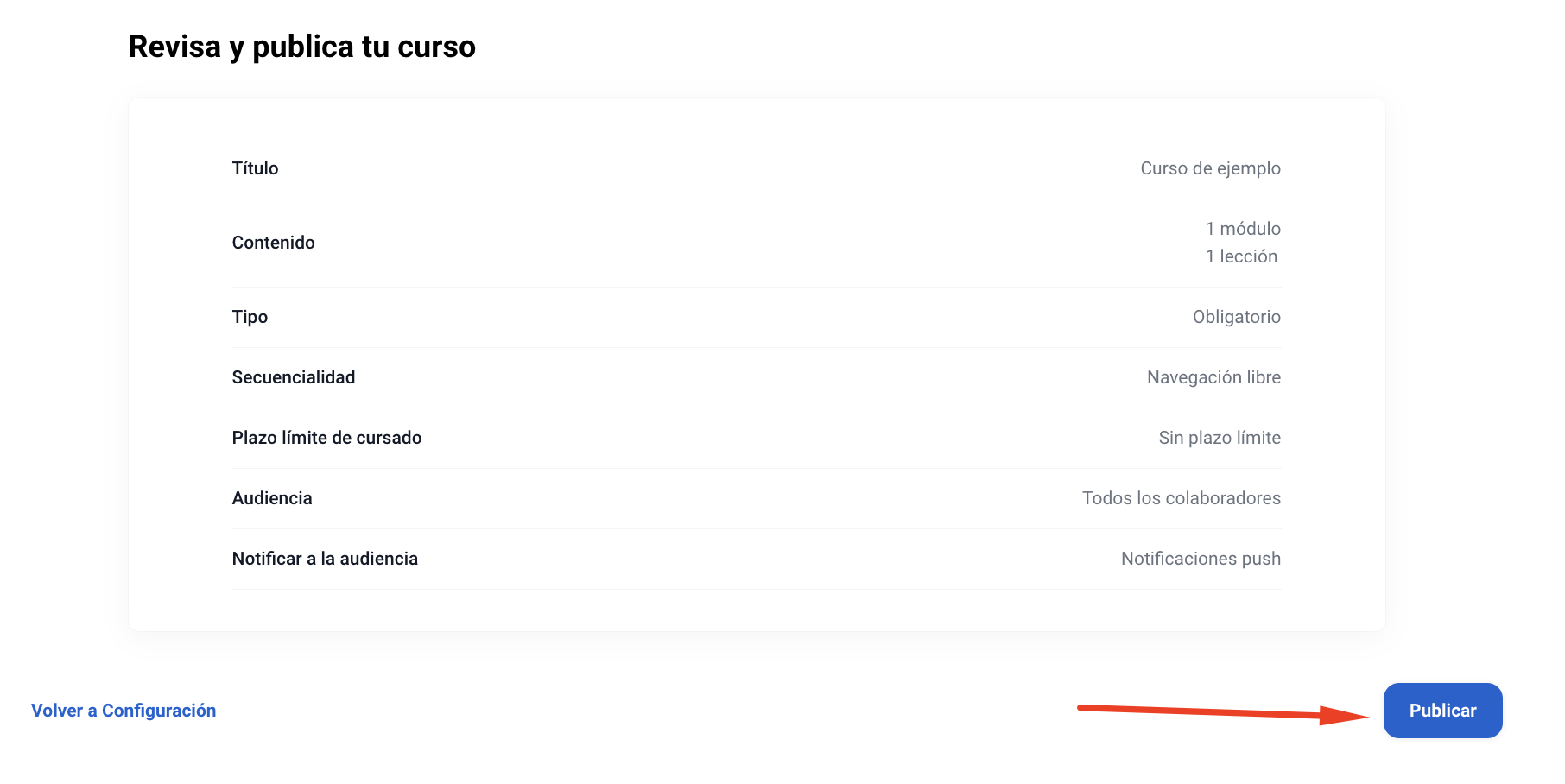 Ecrã de revisão final com resumo do curso antes de o criar