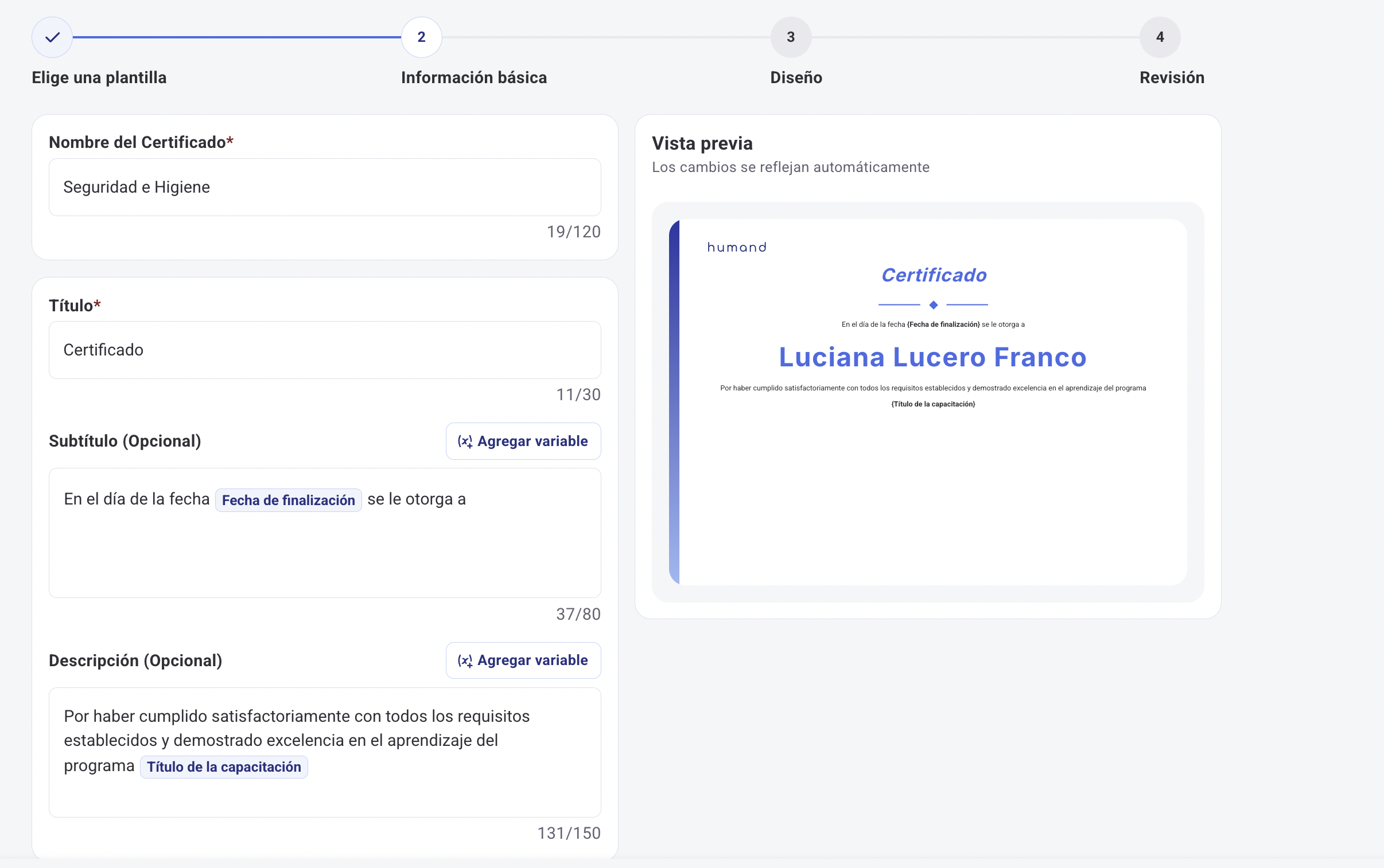 Configuración de textos del certificado con vista previa en tiempo real