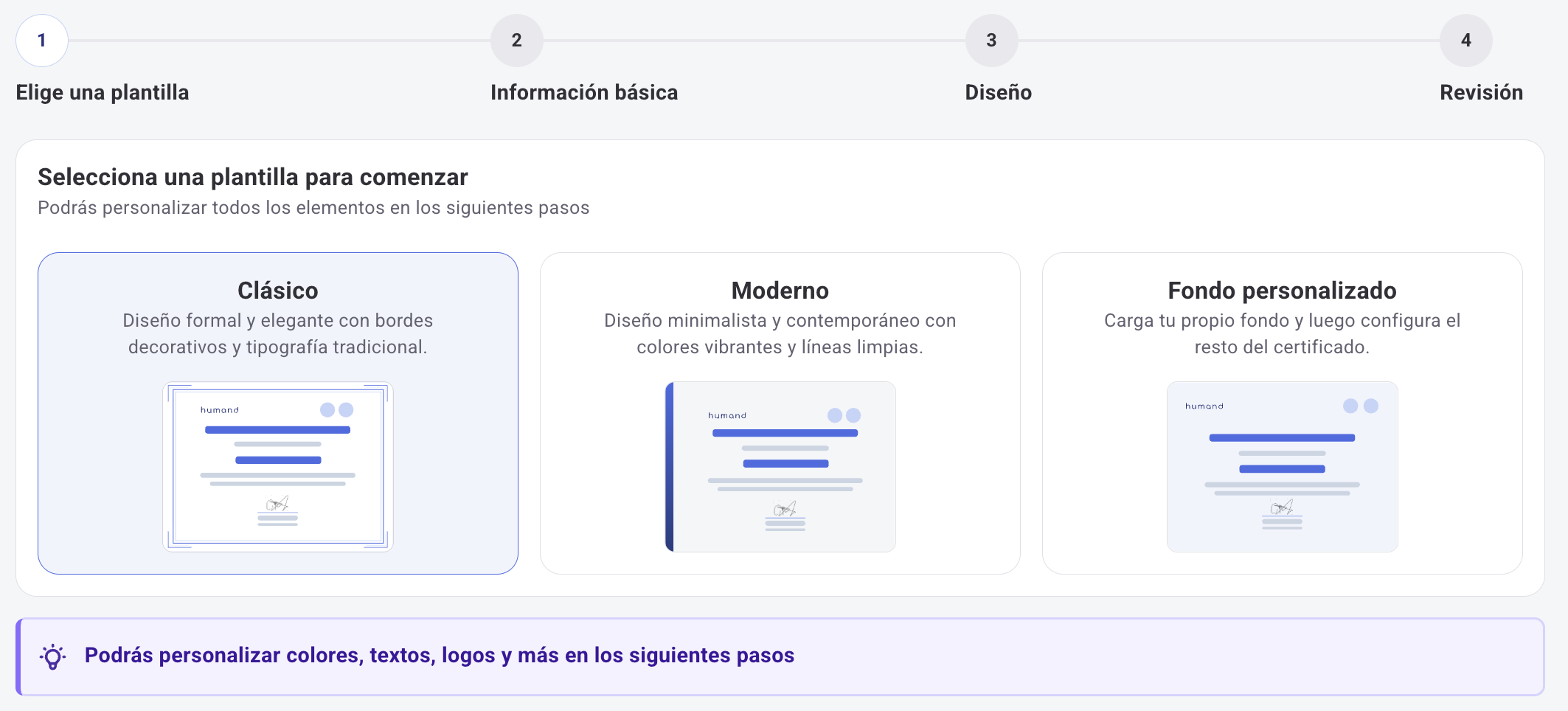 Selección de plantilla para crear certificado
