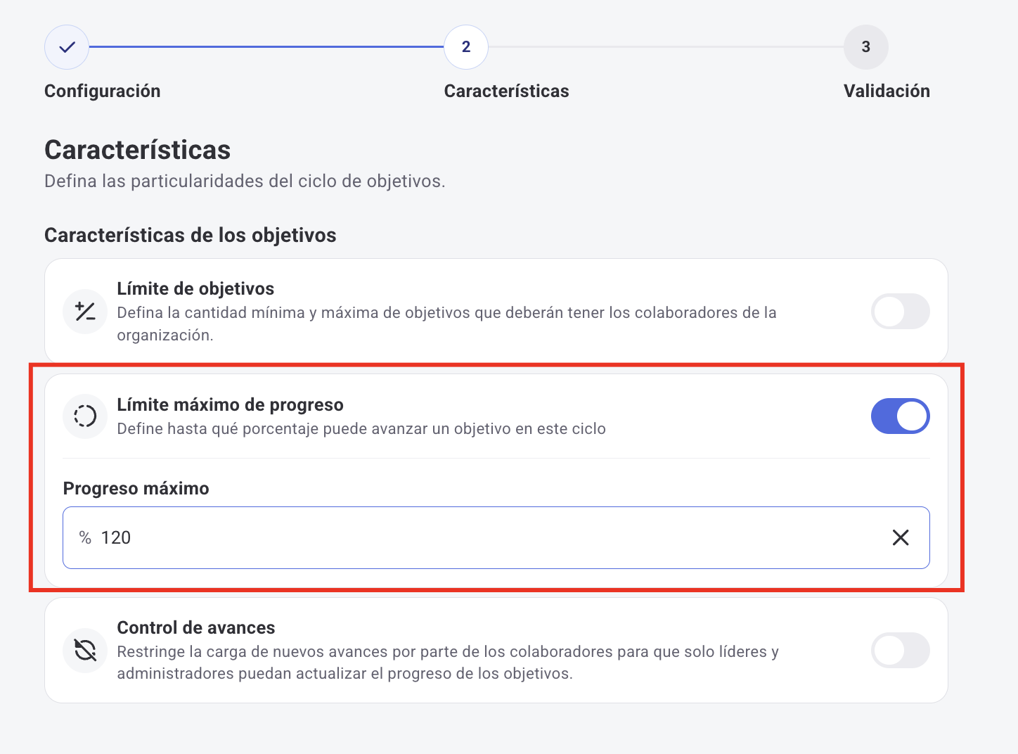 Configuración del progreso máximo en un ciclo de objetivos